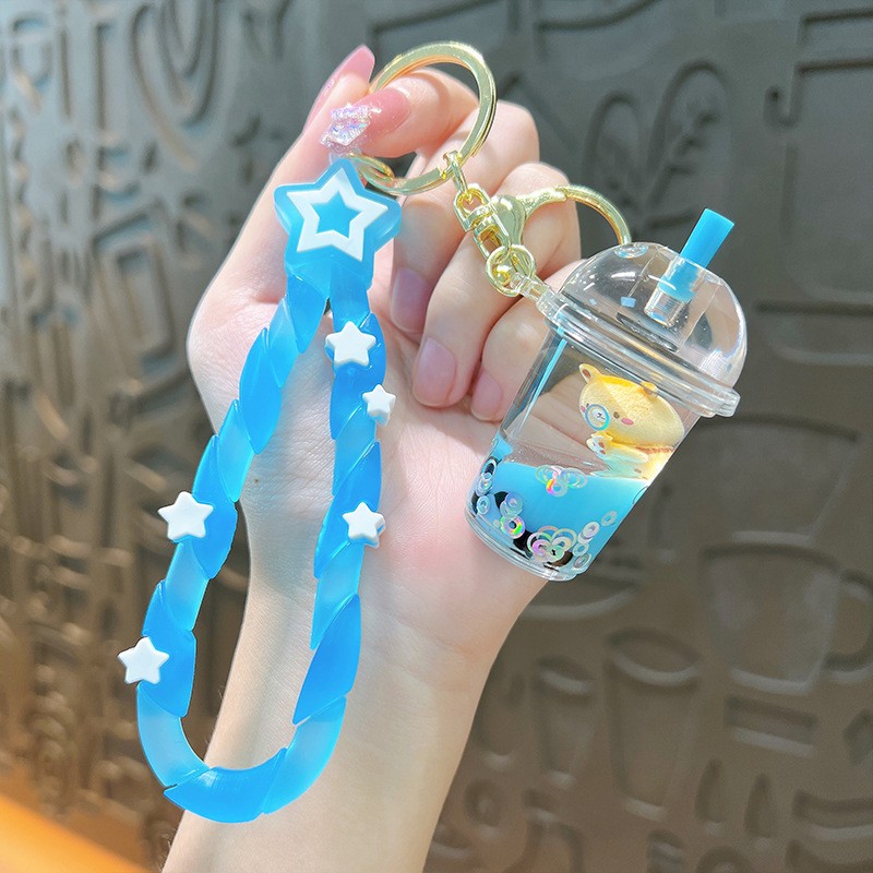 Creative milk tea bear milk tea cup keychain exquisite cute liquid quicksand pendant bag accessories gift wholesale