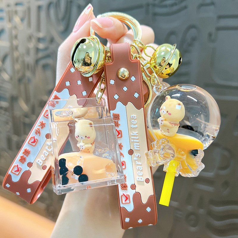 Cute cartoon oil-filled bear milk tea cup keychain creative couple fashionable car keychain bag pendant wholesale