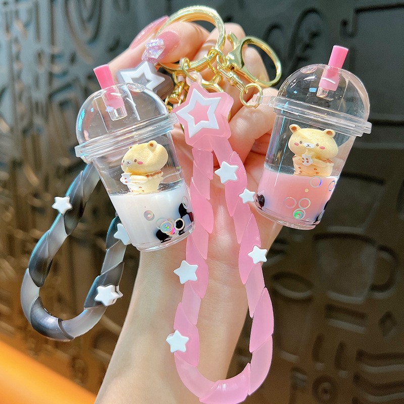 Creative milk tea bear milk tea cup keychain exquisite cute liquid quicksand pendant bag accessories gift wholesale