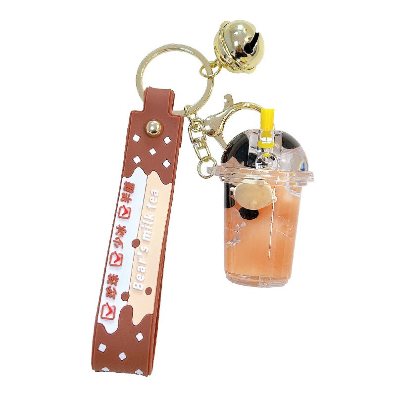 Cute cartoon oil-filled bear milk tea cup keychain creative couple fashionable car keychain bag pendant wholesale