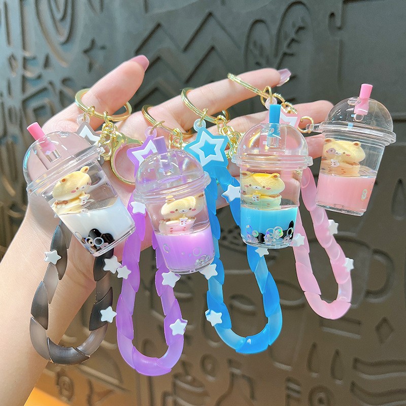 Creative milk tea bear milk tea cup keychain exquisite cute liquid quicksand pendant bag accessories gift wholesale