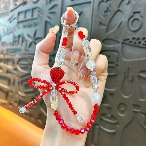 Fashion full diamond strawberry bow beaded mobile phone chain keychain Red