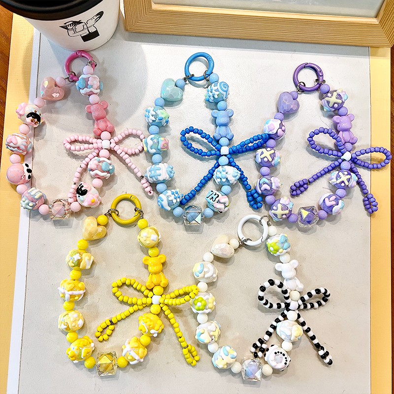 New multi-dimensional hand-painted macaron love rice beads mobile phone chain dopamine color matching girl accessories gift