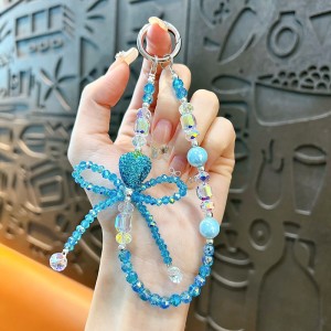 Fashion full diamond strawberry bow beaded mobile phone chain keychain Blue