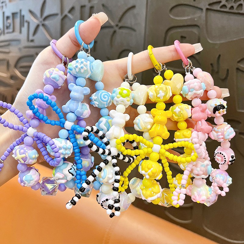 New multi-dimensional hand-painted macaron love rice beads mobile phone chain dopamine color matching girl accessories gift