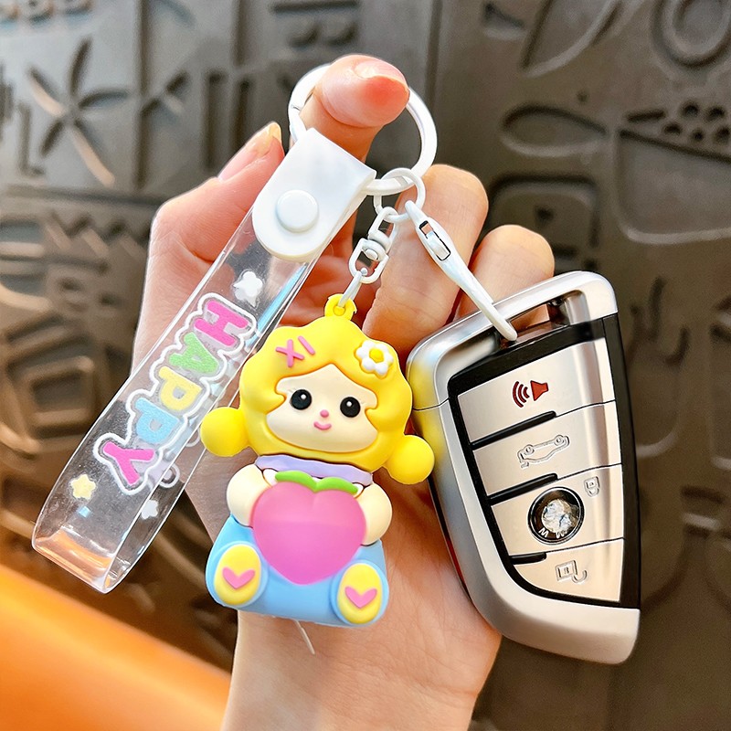 New 3D Sweet Girl Hug Peach with LED light Cute Car Key Chain School bag Hanging