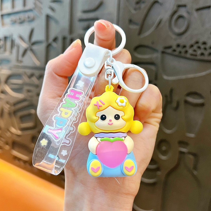 New 3D Sweet Girl Hug Peach with LED light Cute Car Key Chain School bag Hanging