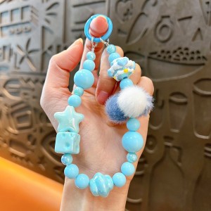 Creative flocking  star Fuzz ball beaded mobile phone chain keychain cute school bag pendant car key chain supply