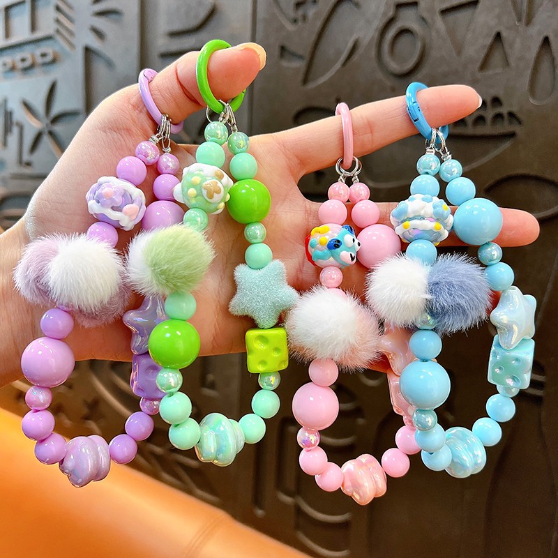 Creative flocking  star Fuzz ball beaded mobile phone chain keychain cute school bag pendant car key chain supply