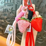 Realistic Strawberry Charm With Braided Lanyard, lifelike resin strawberry bag key pendant with carabiner clip