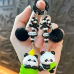 Couple Panda Keychains With Pom-Poms & Beads, matching pair cartoon panda bag & mobile phone charm