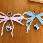 Pearl Bowknot Heart Bag Charm, gingham plaid bow pearl chain with metal heart pendant multi-use accessory