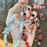 Fashion Crystal Bow Beaded Mobile Phone Chain, multi-bead bow design phone wrist charm with crystal and iridescent beads
