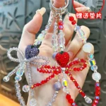 full diamond strawberry bow beaded mobile phone chain cute phone charm keychain