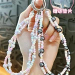 twist double‑strand beaded phone pendant keychain pastel imitation pearl beaded phone charm