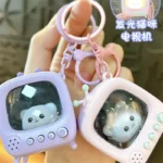 Creative Cat TV Keychain With Light, retro mini TV luminous cute cat bag pendant