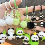 Couple Panda Keychains With Pom-Poms & Beads, matching pair cartoon panda bag & mobile phone charm