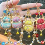 Song Brocade Double-Sided Lucky Cat Beaded Lanyard, traditional Chinese auspicious lucky cat crystal bead bag & phone charm