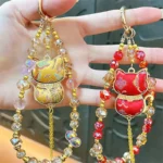 Double-Sided Lucky Cat Pendant Beaded Lanyard, oriental lucky cat crystal bead phone lanyard and bag charm
