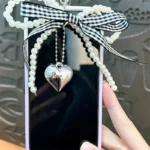 Pearl Bowknot Heart Bag Charm, gingham plaid bow pearl chain with metal heart pendant multi-use accessory