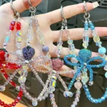 full diamond strawberry bow beaded mobile phone chain cute phone charm keychain
