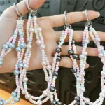 twist double‑strand beaded phone pendant keychain pastel imitation pearl beaded phone charm