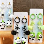 Couple Panda Keychains With Pom-Poms & Beads, matching pair cartoon panda bag & mobile phone charm