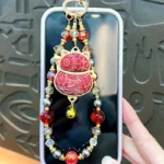 Song Brocade Double-Sided Lucky Cat Beaded Lanyard, traditional Chinese auspicious lucky cat crystal bead bag & phone charm