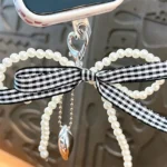 Pearl Bowknot Heart Bag Charm, gingham plaid bow pearl chain with metal heart pendant multi-use accessory
