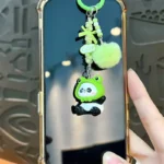 Couple Panda Keychains With Pom-Poms & Beads, matching pair cartoon panda bag & mobile phone charm