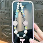 Bow & Flower Beaded Lanyard, iridescent clear bead & faux pearl kawaii phone charm with bow pendant