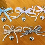 Pearl Bowknot Heart Bag Charm, gingham plaid bow pearl chain with metal heart pendant multi-use accessory