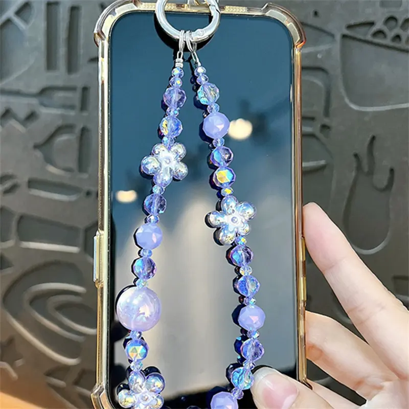 crystal flower petal beaded phone pendant keychain light purple flower beaded phone charm