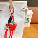 Realistic Strawberry Charm With Braided Lanyard, lifelike resin strawberry bag key pendant with carabiner clip