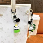 Couple Panda Keychains With Pom-Poms & Beads, matching pair cartoon panda bag & mobile phone charm
