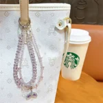 Mermaid Tail Crystal Double Chain Beaded Keychain, sparkling crystal wrist strap with rhinestone mermaid tail bag charm