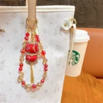 Double-Sided Lucky Cat Pendant Beaded Lanyard, oriental lucky cat crystal bead phone lanyard and bag charm