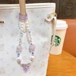 Bow & Flower Beaded Lanyard, iridescent clear bead & faux pearl kawaii phone charm with bow pendant