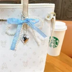Pearl Bowknot Heart Bag Charm, gingham plaid bow pearl chain with metal heart pendant multi-use accessory