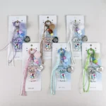 Cute Laser Bear Keychain, iridescent transparent acrylic bear kawaii phone charm with pom pom tassel