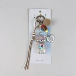 Cute Laser Bear Keychain, iridescent transparent acrylic bear kawaii phone charm with pom pom tassel