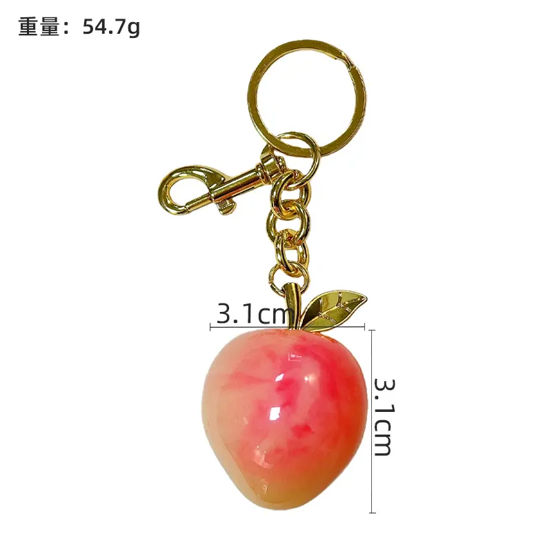 Peach Resin Keychain Pendant, glossy resin fruit bag charm with gold metal hardware