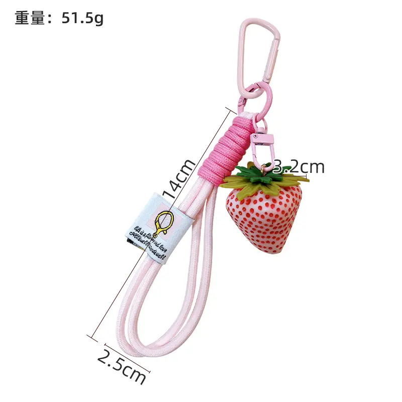 Realistic Strawberry Charm With Braided Lanyard, lifelike resin strawberry bag key pendant with carabiner clip