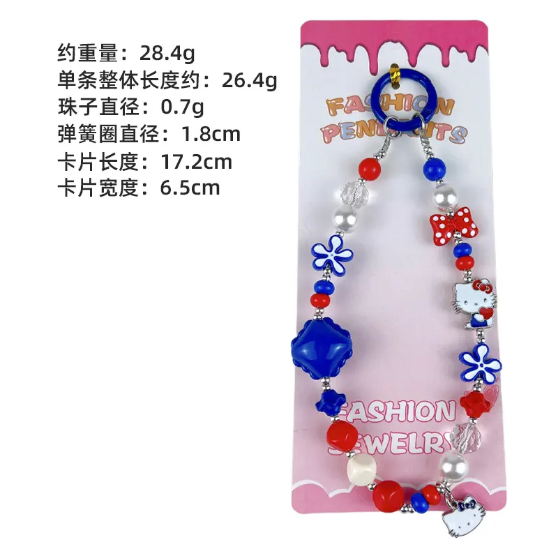 Hello Kitty Red & White Beaded Phone Chain, retro kawaii beaded wrist strap with Hello Kitty enamel charms