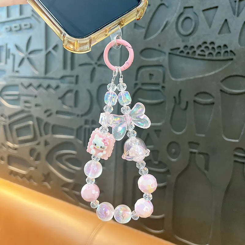 cartoon hand‑painted beaded mobile phone chain pendant hello kitty pink beaded phone charm