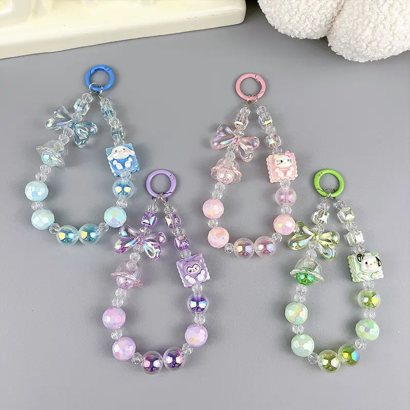 cartoon hand‑painted beaded mobile phone chain pendant hello kitty pink beaded phone charm