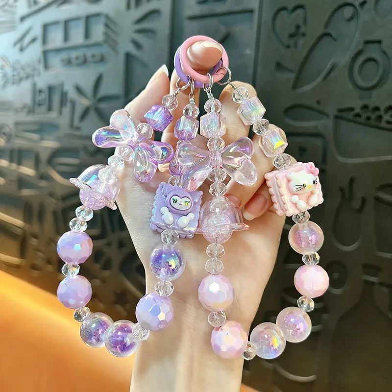 cartoon hand‑painted beaded mobile phone chain pendant hello kitty pink beaded phone charm
