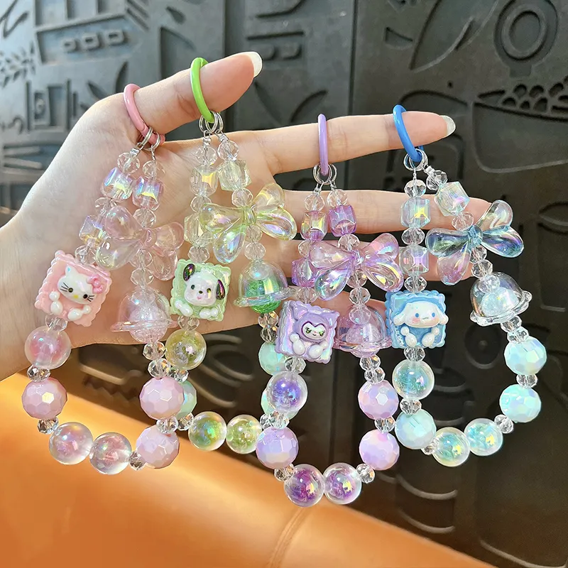 cartoon hand‑painted beaded mobile phone chain pendant hello kitty pink beaded phone charm