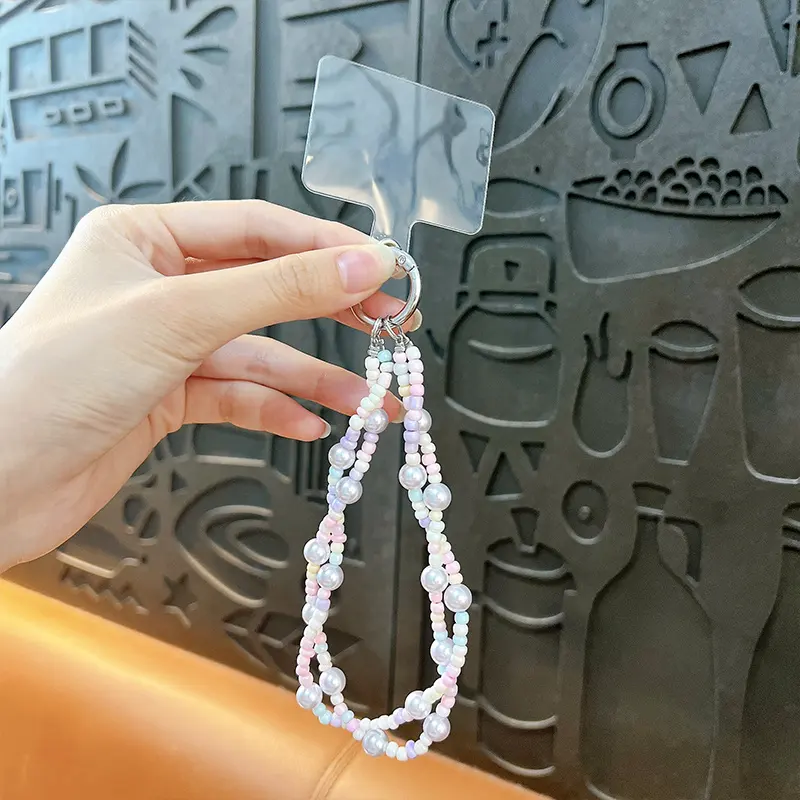 twist double‑strand beaded phone pendant keychain pastel imitation pearl beaded phone charm