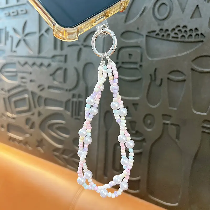 twist double‑strand beaded phone pendant keychain pastel imitation pearl beaded phone charm